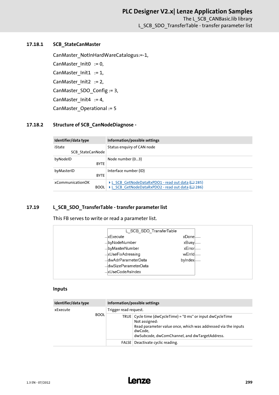 1 scb_statecanmaster, 2 structure of scb_cannodediagnose, L_scb_sdo_transfertable - transfer parameter list | Plc designer v2.x| lenze application samples | Lenze PLC Designer V2.x User Manual | Page 299 / 336