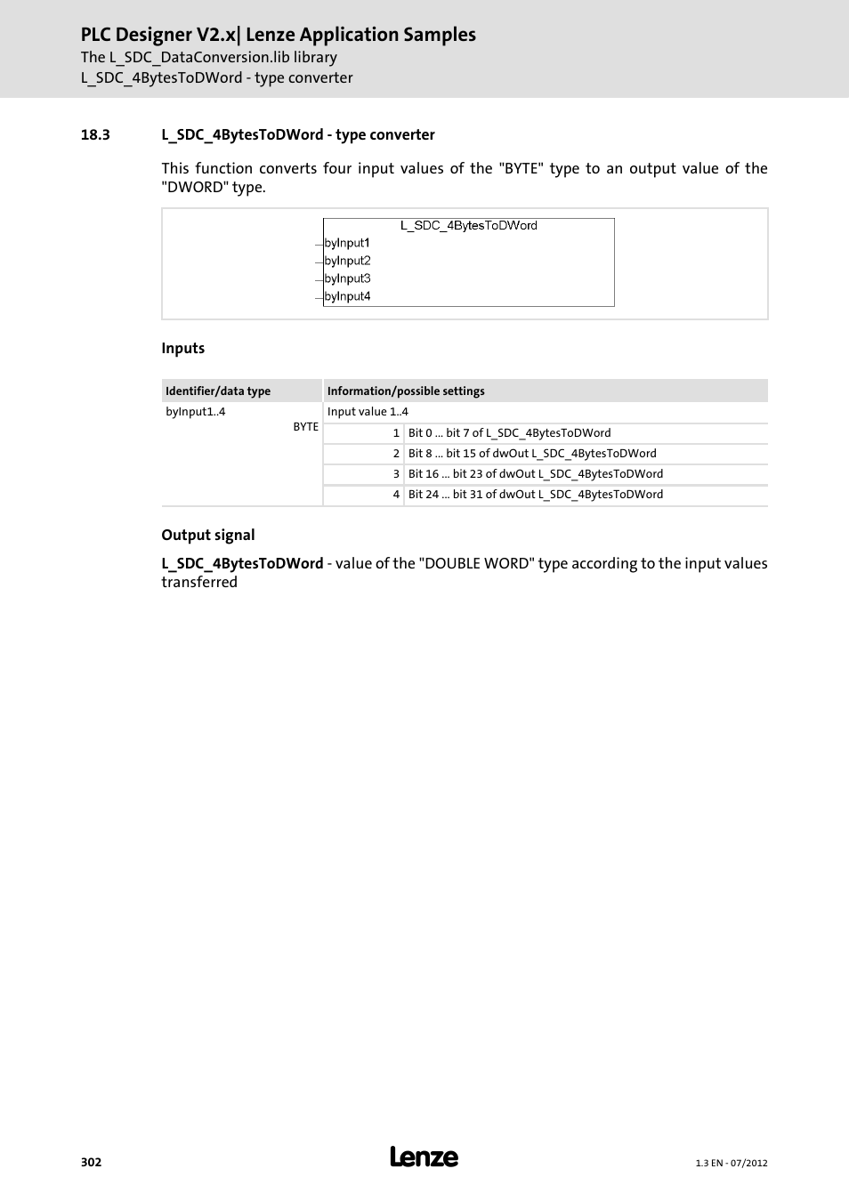 3 l_sdc_4bytestodword - type converter, Plc designer v2.x| lenze application samples | Lenze PLC Designer V2.x User Manual | Page 302 / 336