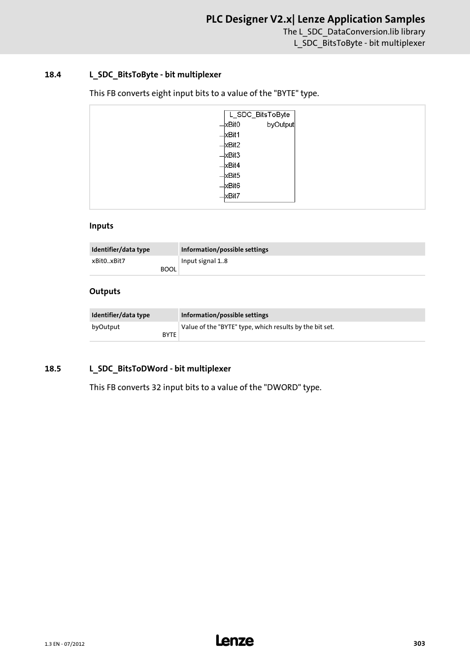 4 l_sdc_bitstobyte - bit multiplexer, 5 l_sdc_bitstodword - bit multiplexer, Plc designer v2.x| lenze application samples | Lenze PLC Designer V2.x User Manual | Page 303 / 336