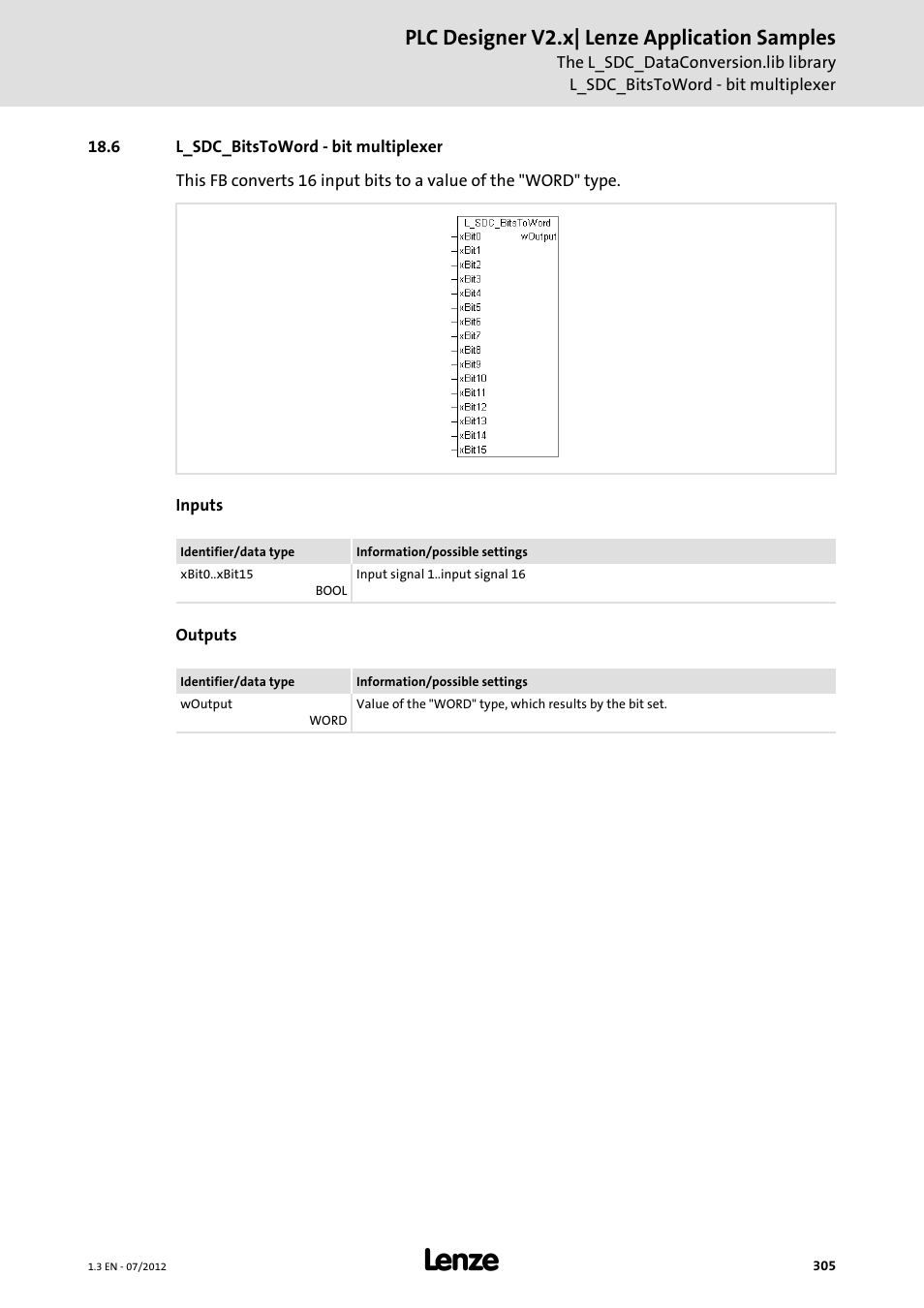 6 l_sdc_bitstoword - bit multiplexer, Plc designer v2.x| lenze application samples | Lenze PLC Designer V2.x User Manual | Page 305 / 336