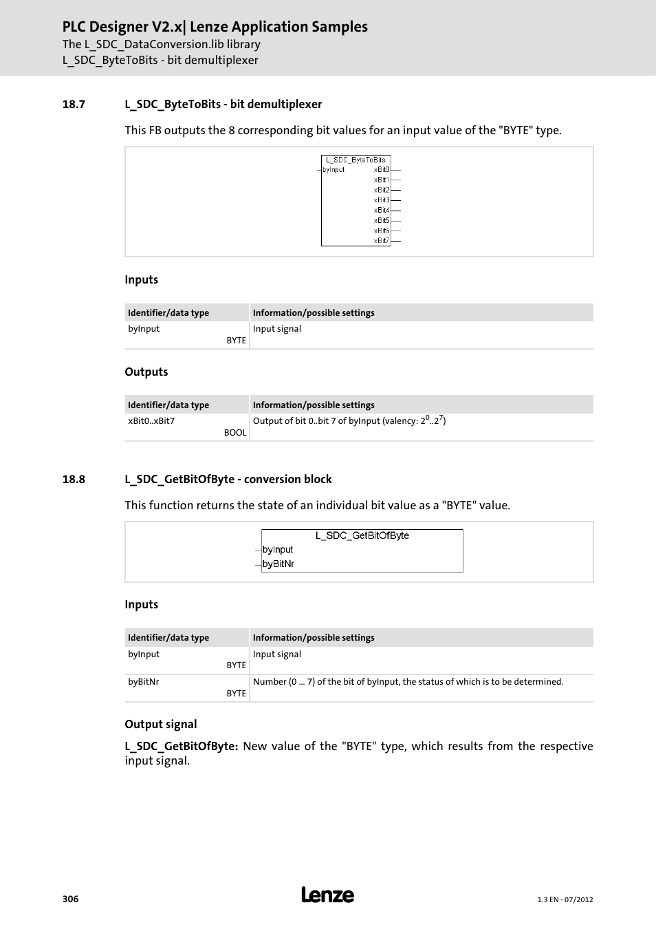 7 l_sdc_bytetobits - bit demultiplexer, 8 l_sdc_getbitofbyte - conversion block, Plc designer v2.x| lenze application samples | Lenze PLC Designer V2.x User Manual | Page 306 / 336