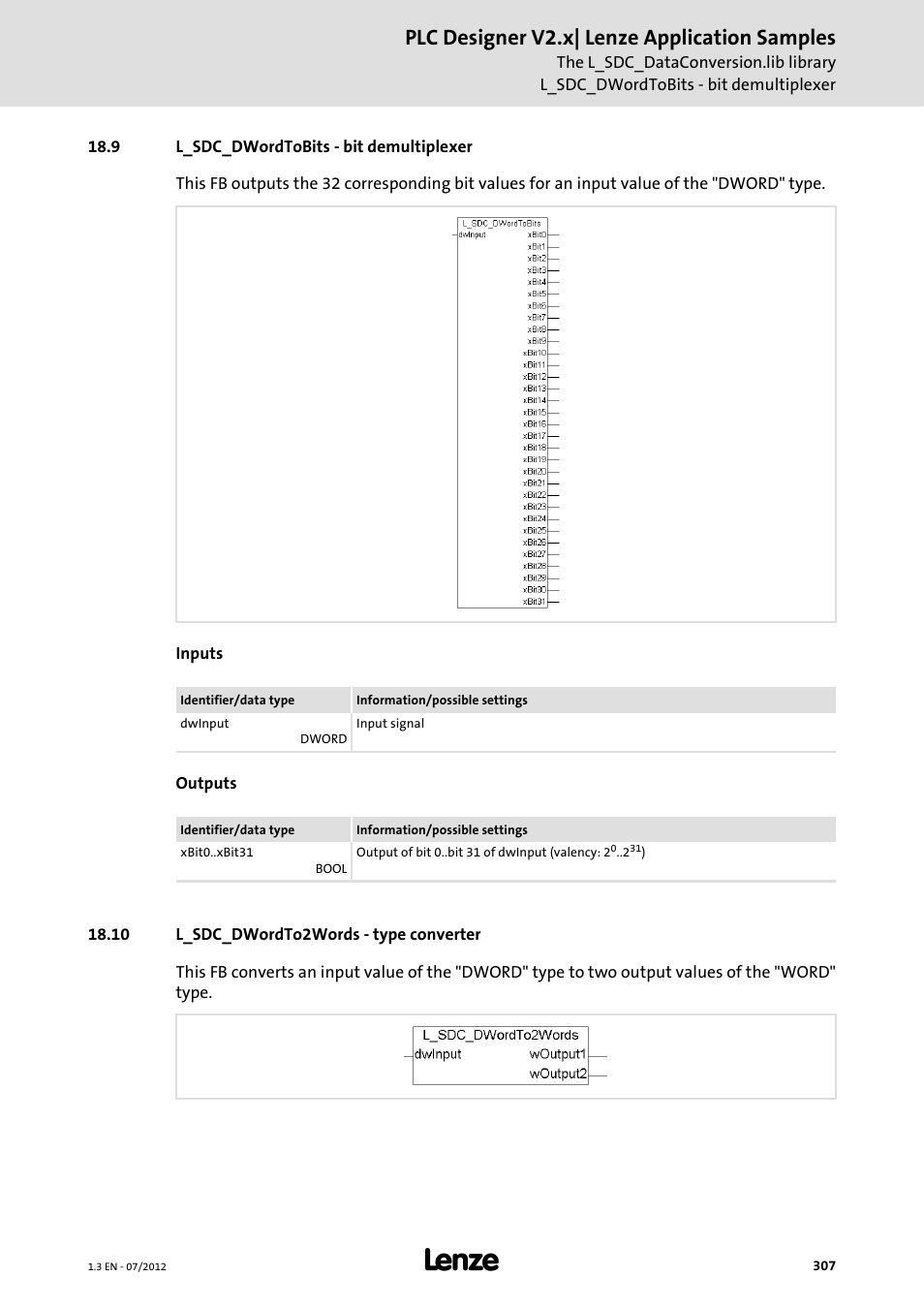 9 l_sdc_dwordtobits - bit demultiplexer, 10 l_sdc_dwordto2words - type converter, Plc designer v2.x| lenze application samples | Lenze PLC Designer V2.x User Manual | Page 307 / 336