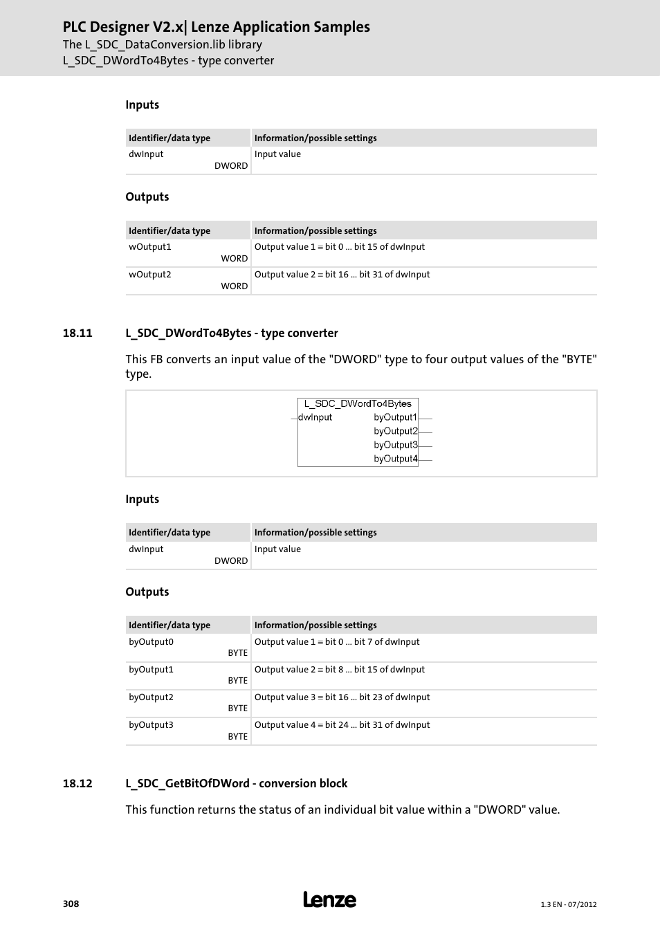 11 l_sdc_dwordto4bytes - type converter, 12 l_sdc_getbitofdword - conversion block, Plc designer v2.x| lenze application samples | Lenze PLC Designer V2.x User Manual | Page 308 / 336