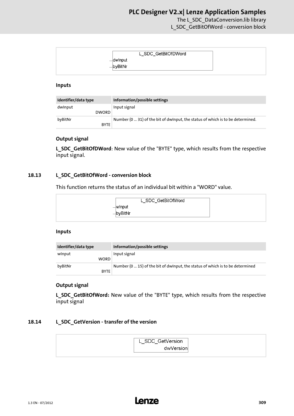 13 l_sdc_getbitofword - conversion block, 14 l_sdc_getversion - transfer of the version, Plc designer v2.x| lenze application samples | Lenze PLC Designer V2.x User Manual | Page 309 / 336