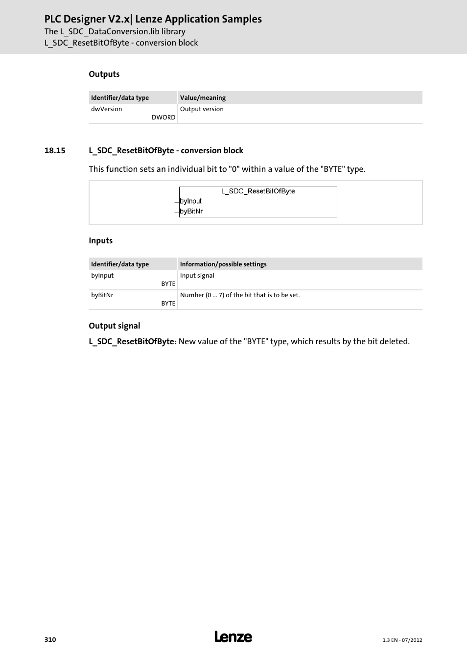 15 l_sdc_resetbitofbyte - conversion block, Plc designer v2.x| lenze application samples | Lenze PLC Designer V2.x User Manual | Page 310 / 336