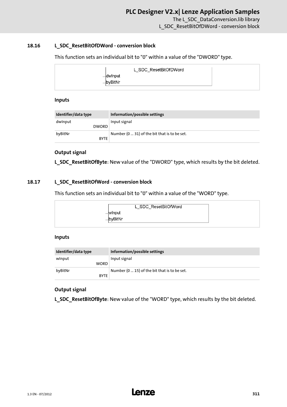 16 l_sdc_resetbitofdword - conversion block, 17 l_sdc_resetbitofword - conversion block, Plc designer v2.x| lenze application samples | Lenze PLC Designer V2.x User Manual | Page 311 / 336