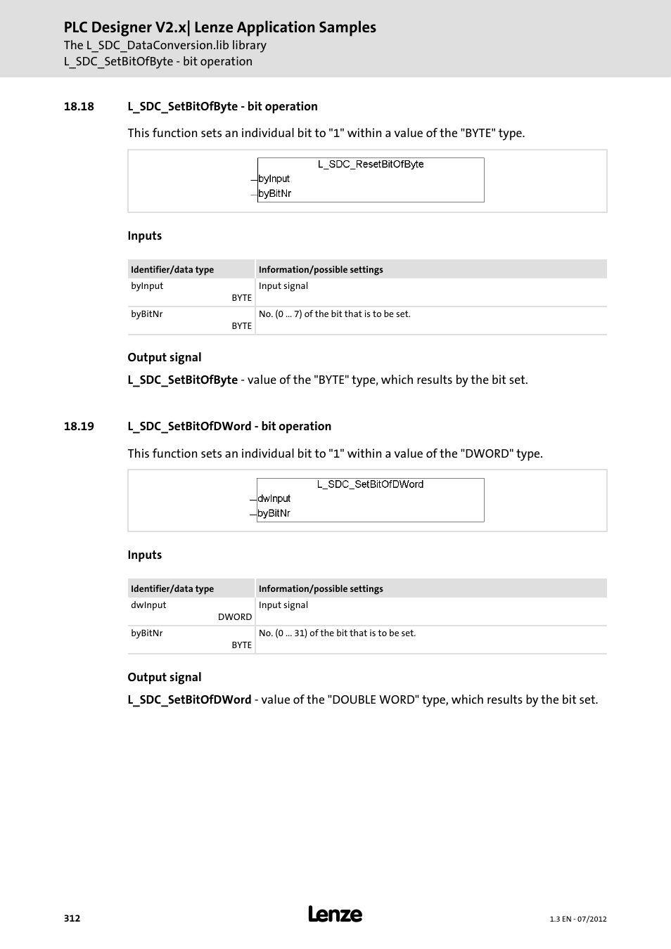 18 l_sdc_setbitofbyte - bit operation, 19 l_sdc_setbitofdword - bit operation, Plc designer v2.x| lenze application samples | Lenze PLC Designer V2.x User Manual | Page 312 / 336