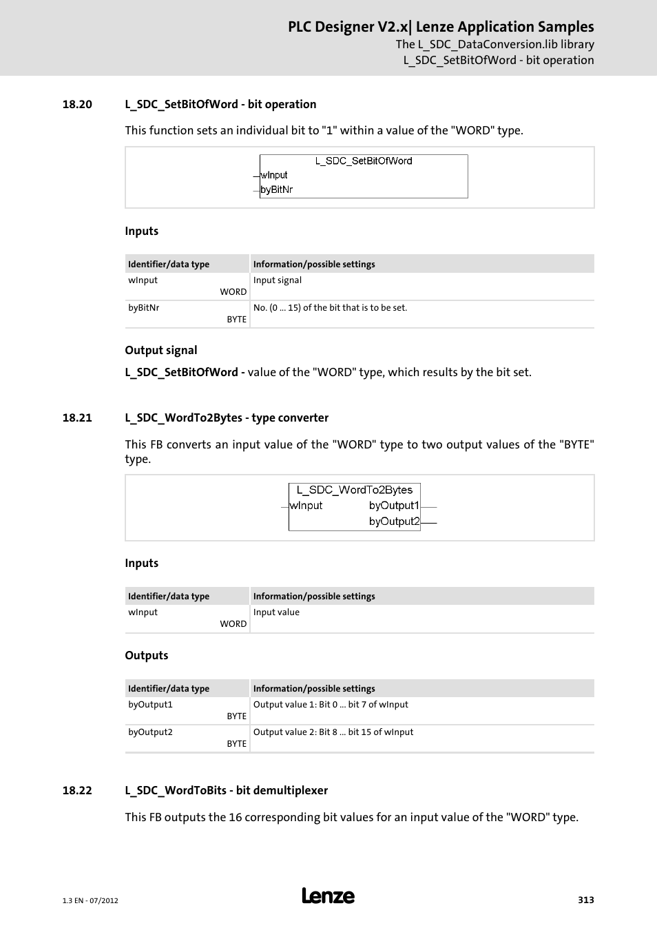 20 l_sdc_setbitofword - bit operation, 21 l_sdc_wordto2bytes - type converter, 22 l_sdc_wordtobits - bit demultiplexer | Plc designer v2.x| lenze application samples | Lenze PLC Designer V2.x User Manual | Page 313 / 336