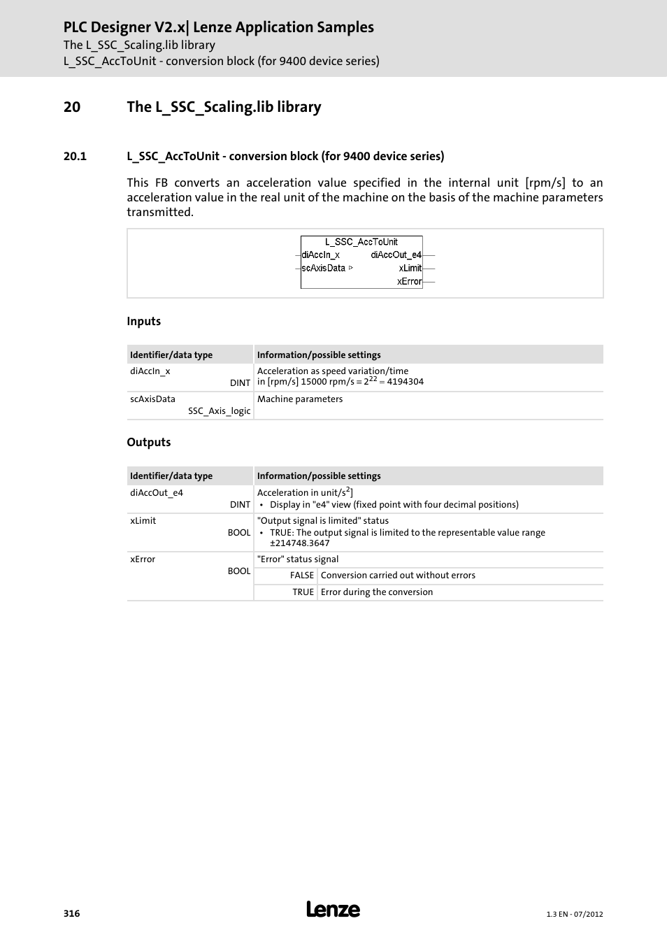 20 the l_ssc_scaling.lib library, Plc designer v2.x| lenze application samples | Lenze PLC Designer V2.x User Manual | Page 316 / 336