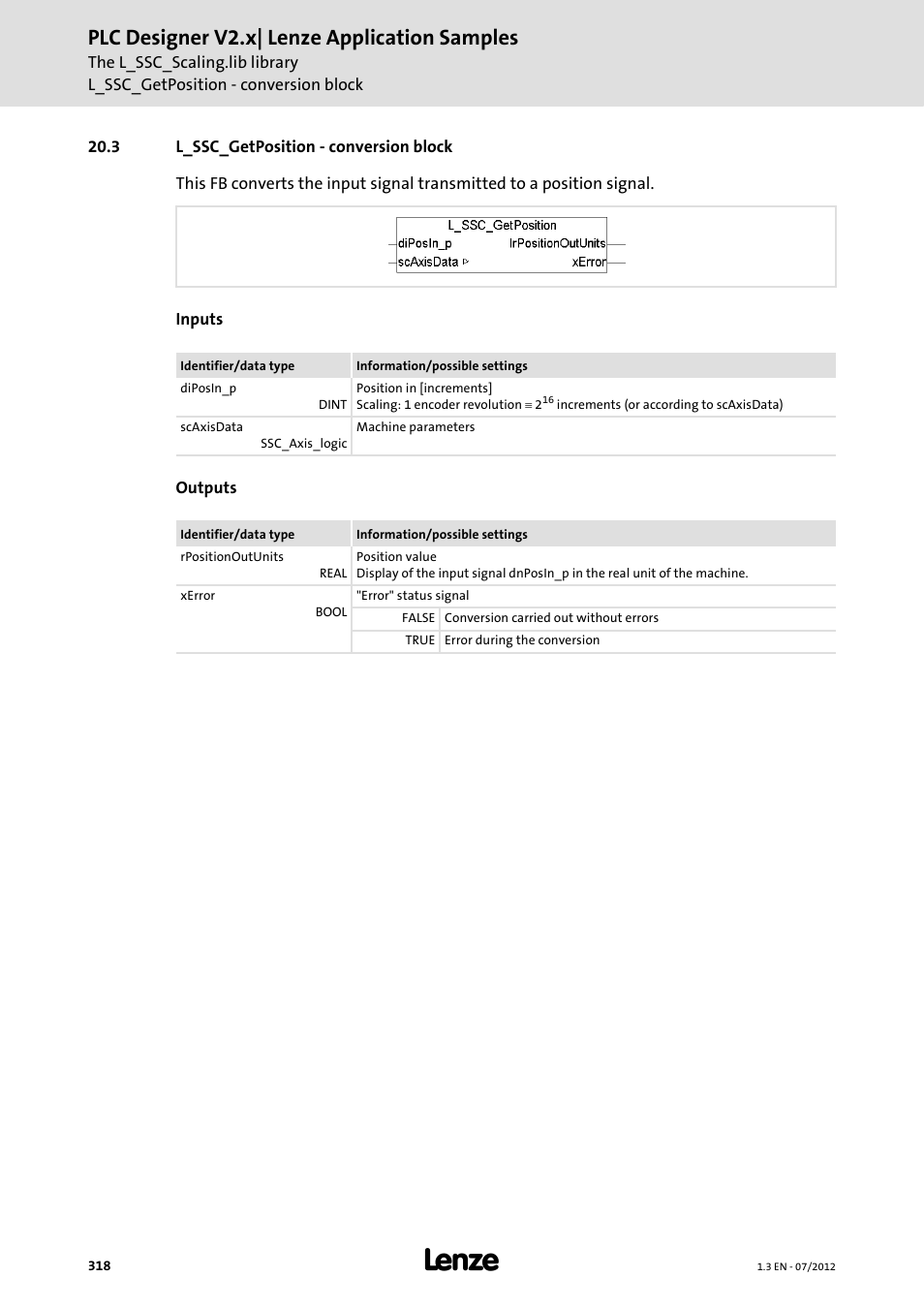 3 l_ssc_getposition - conversion block, Plc designer v2.x| lenze application samples | Lenze PLC Designer V2.x User Manual | Page 318 / 336