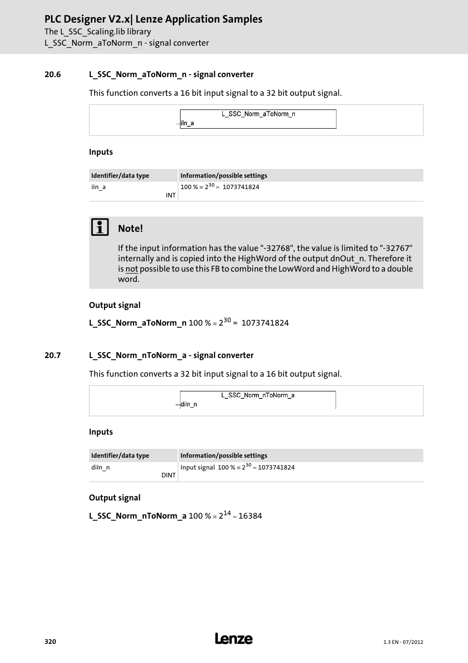 6 l_ssc_norm_atonorm_n - signal converter, 7 l_ssc_norm_ntonorm_a - signal converter, L_ssc_norm_ntonorm_a - signal converter | Plc designer v2.x| lenze application samples | Lenze PLC Designer V2.x User Manual | Page 320 / 336