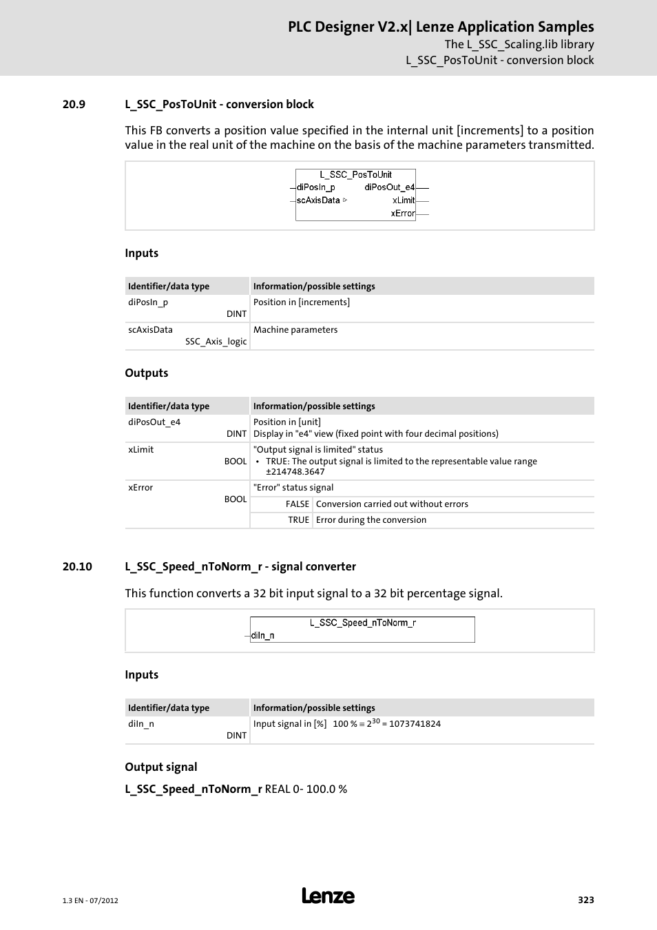 9 l_ssc_postounit - conversion block, 10 l_ssc_speed_ntonorm_r - signal converter, Plc designer v2.x| lenze application samples | Lenze PLC Designer V2.x User Manual | Page 323 / 336