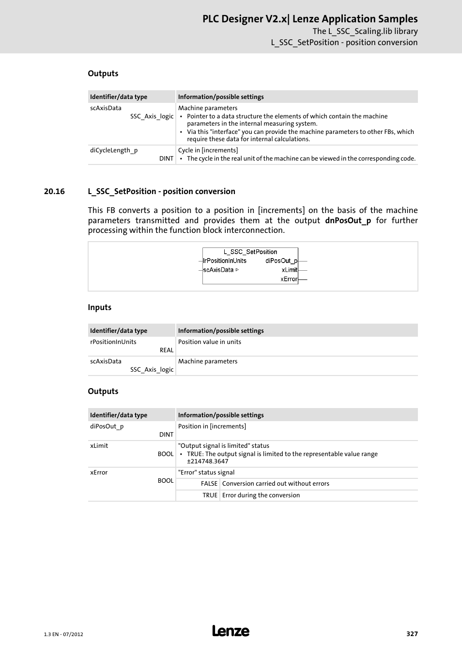 16 l_ssc_setposition - position conversion, Plc designer v2.x| lenze application samples | Lenze PLC Designer V2.x User Manual | Page 327 / 336