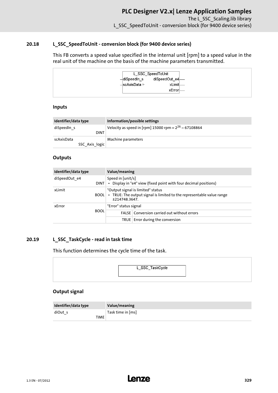 19 l_ssc_taskcycle - read in task time, Plc designer v2.x| lenze application samples | Lenze PLC Designer V2.x User Manual | Page 329 / 336