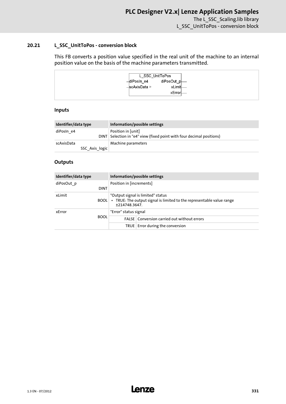 21 l_ssc_unittopos - conversion block, Plc designer v2.x| lenze application samples | Lenze PLC Designer V2.x User Manual | Page 331 / 336