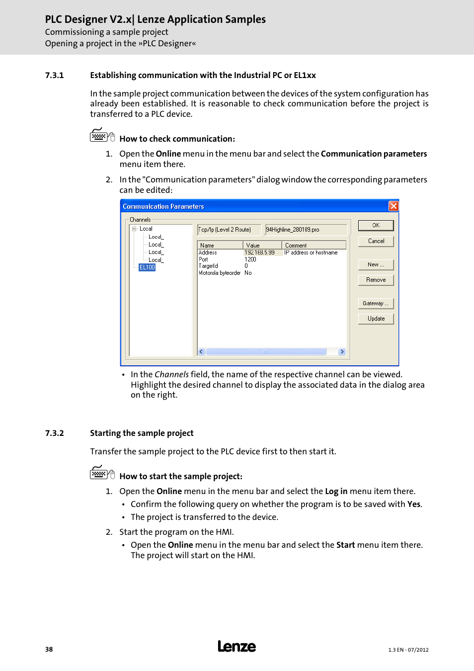 2 starting the sample project, Starting the sample project | Lenze PLC Designer V2.x User Manual | Page 38 / 336