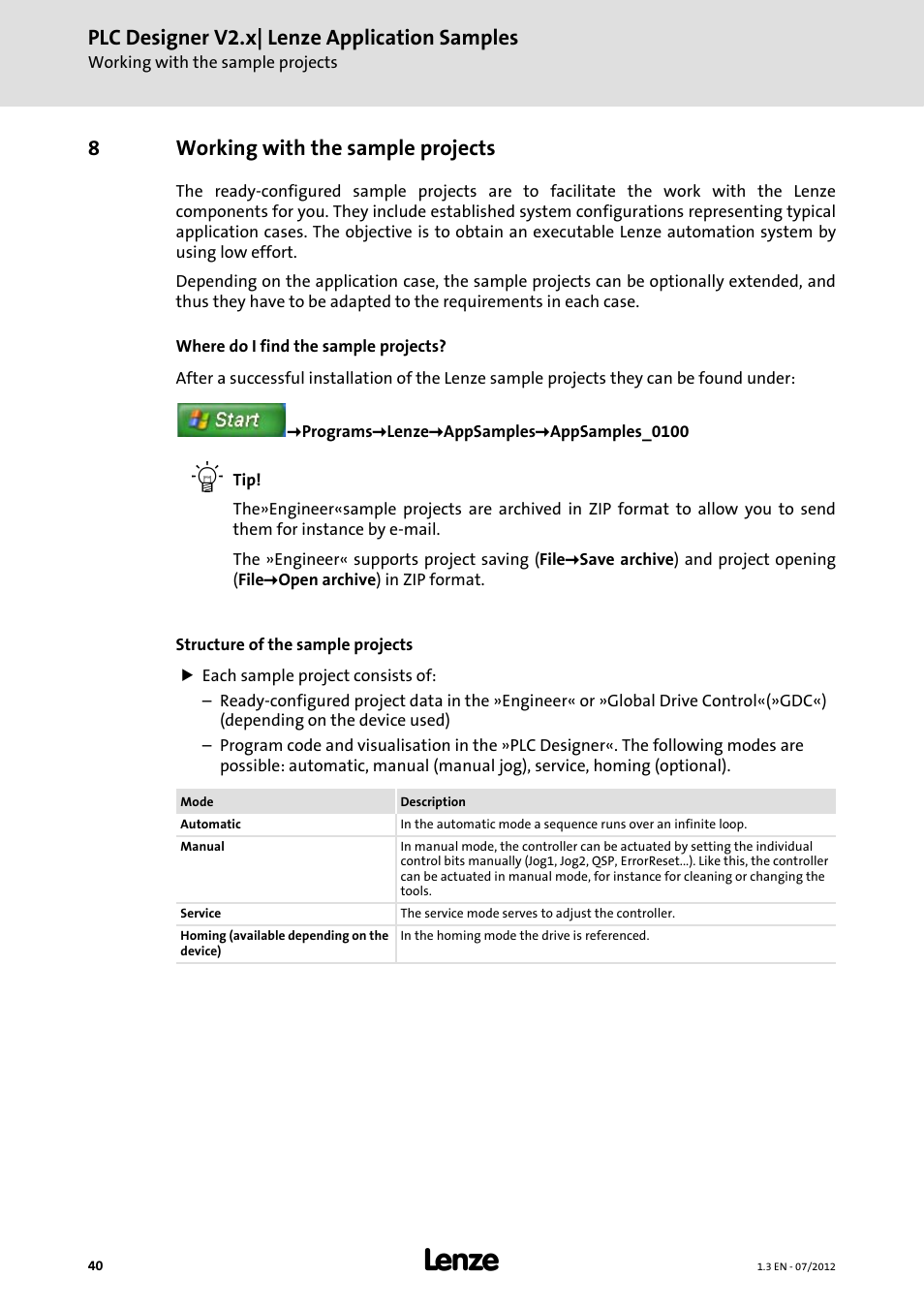 8 working with the sample projects, Working with the sample projects, Plc designer v2.x| lenze application samples | 8working with the sample projects | Lenze PLC Designer V2.x User Manual | Page 40 / 336