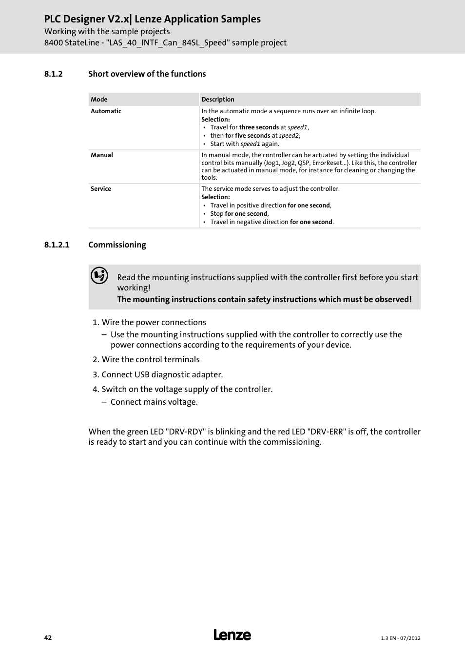 2 short overview of the functions, 1 commissioning, Commissioning | 0 stateline, Plc designer v2.x| lenze application samples | Lenze PLC Designer V2.x User Manual | Page 42 / 336