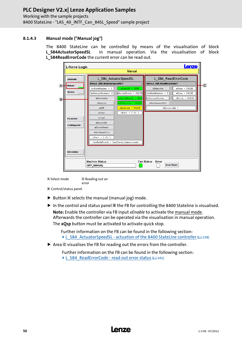 3 manual mode ("manual jog"), Manual mode ("manual jog"), Plc designer v2.x| lenze application samples | Lenze PLC Designer V2.x User Manual | Page 50 / 336