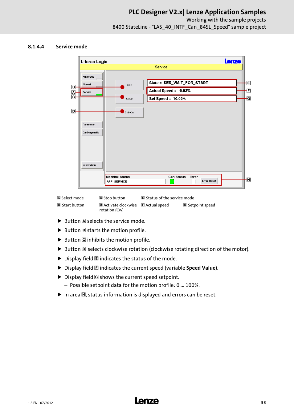 4 service mode, Service mode, Plc designer v2.x| lenze application samples | Lenze PLC Designer V2.x User Manual | Page 53 / 336