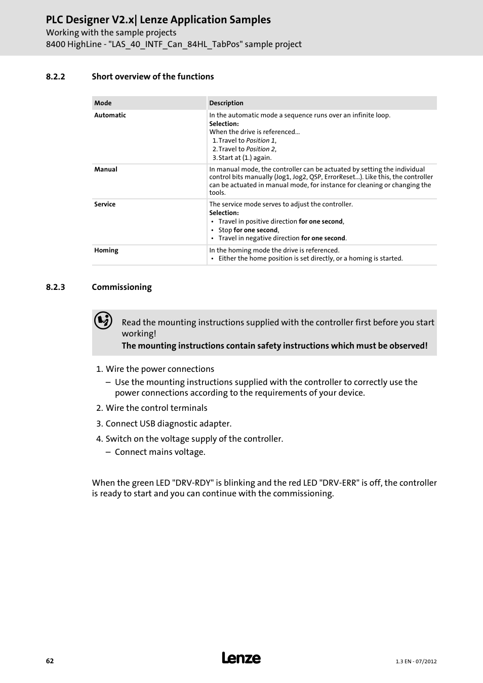 2 short overview of the functions, 3 commissioning, Commissioning | Plc designer v2.x| lenze application samples | Lenze PLC Designer V2.x User Manual | Page 62 / 336