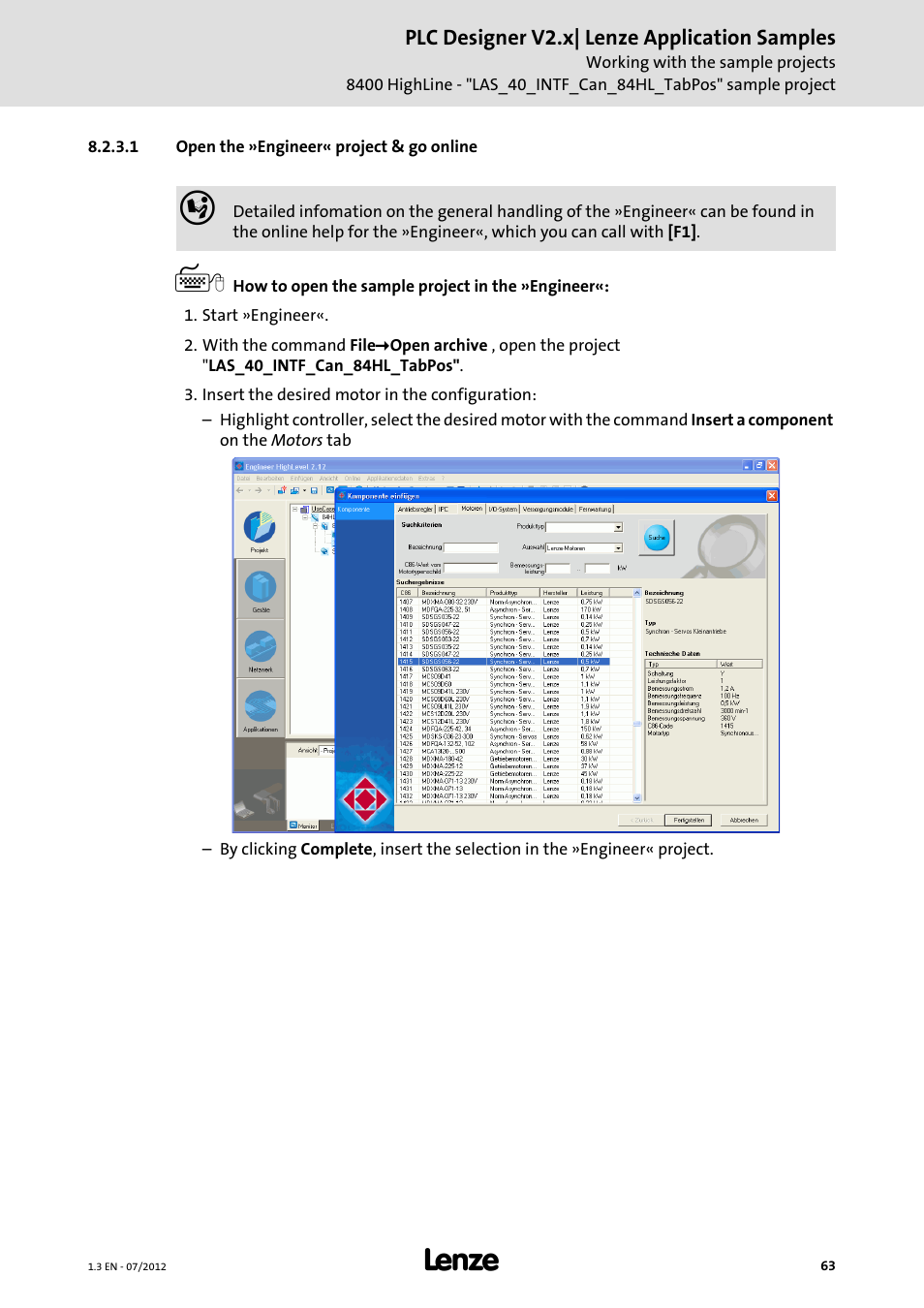 1 open the »engineer« project & go online, Open the »engineer« project & go online | Lenze PLC Designer V2.x User Manual | Page 63 / 336