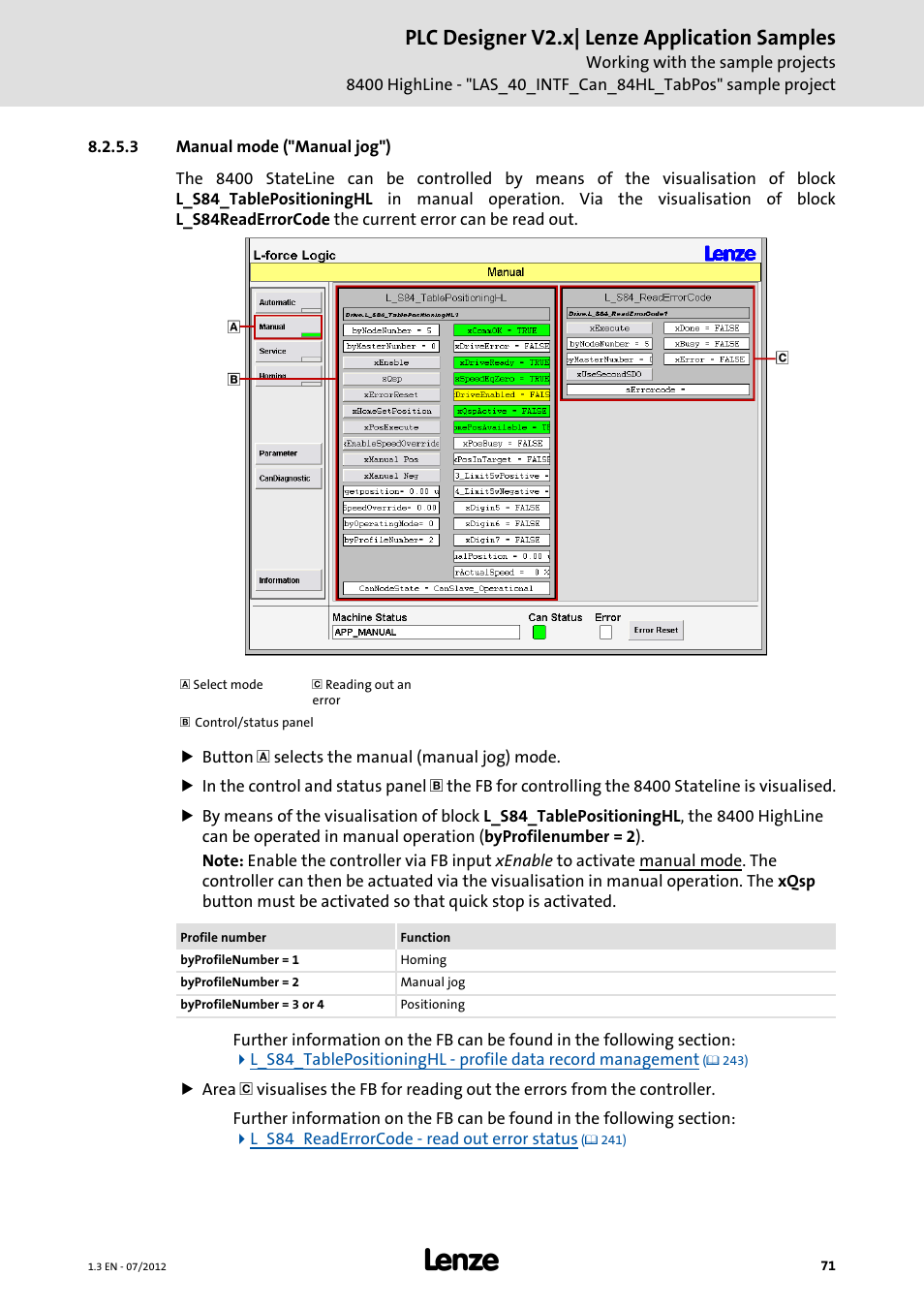 3 manual mode ("manual jog"), Manual mode ("manual jog"), Plc designer v2.x| lenze application samples | Lenze PLC Designer V2.x User Manual | Page 71 / 336