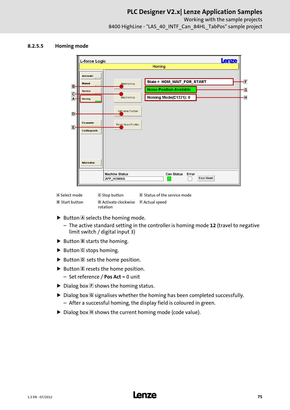 5 homing mode, Homing mode, Plc designer v2.x| lenze application samples | Lenze PLC Designer V2.x User Manual | Page 75 / 336