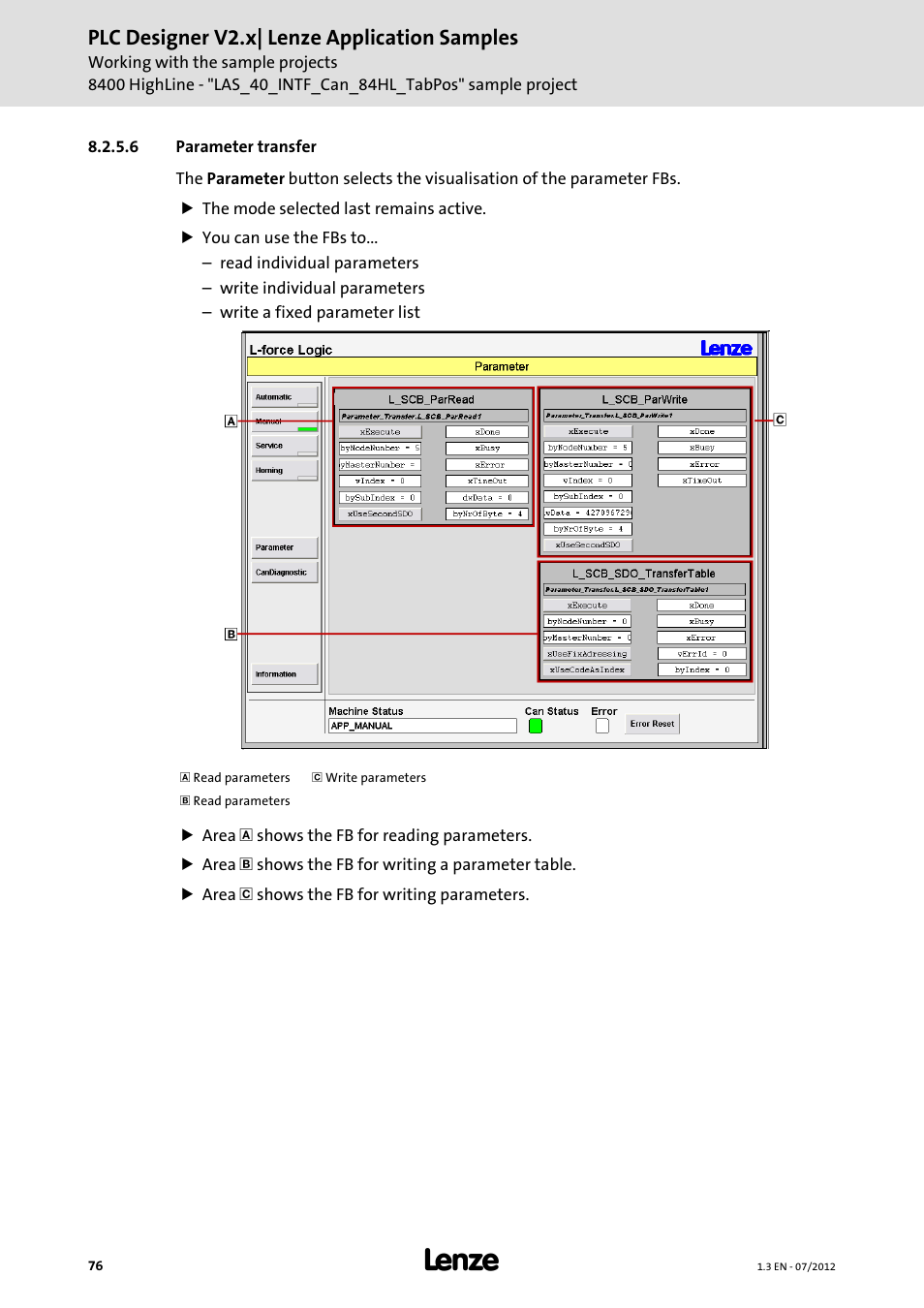 6 parameter transfer, Parameter transfer, Plc designer v2.x| lenze application samples | Lenze PLC Designer V2.x User Manual | Page 76 / 336