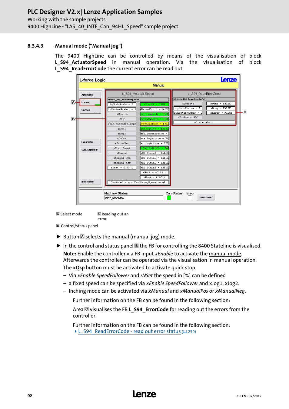 3 manual mode ("manual jog"), Manual mode ("manual jog"), Plc designer v2.x| lenze application samples | Lenze PLC Designer V2.x User Manual | Page 92 / 336