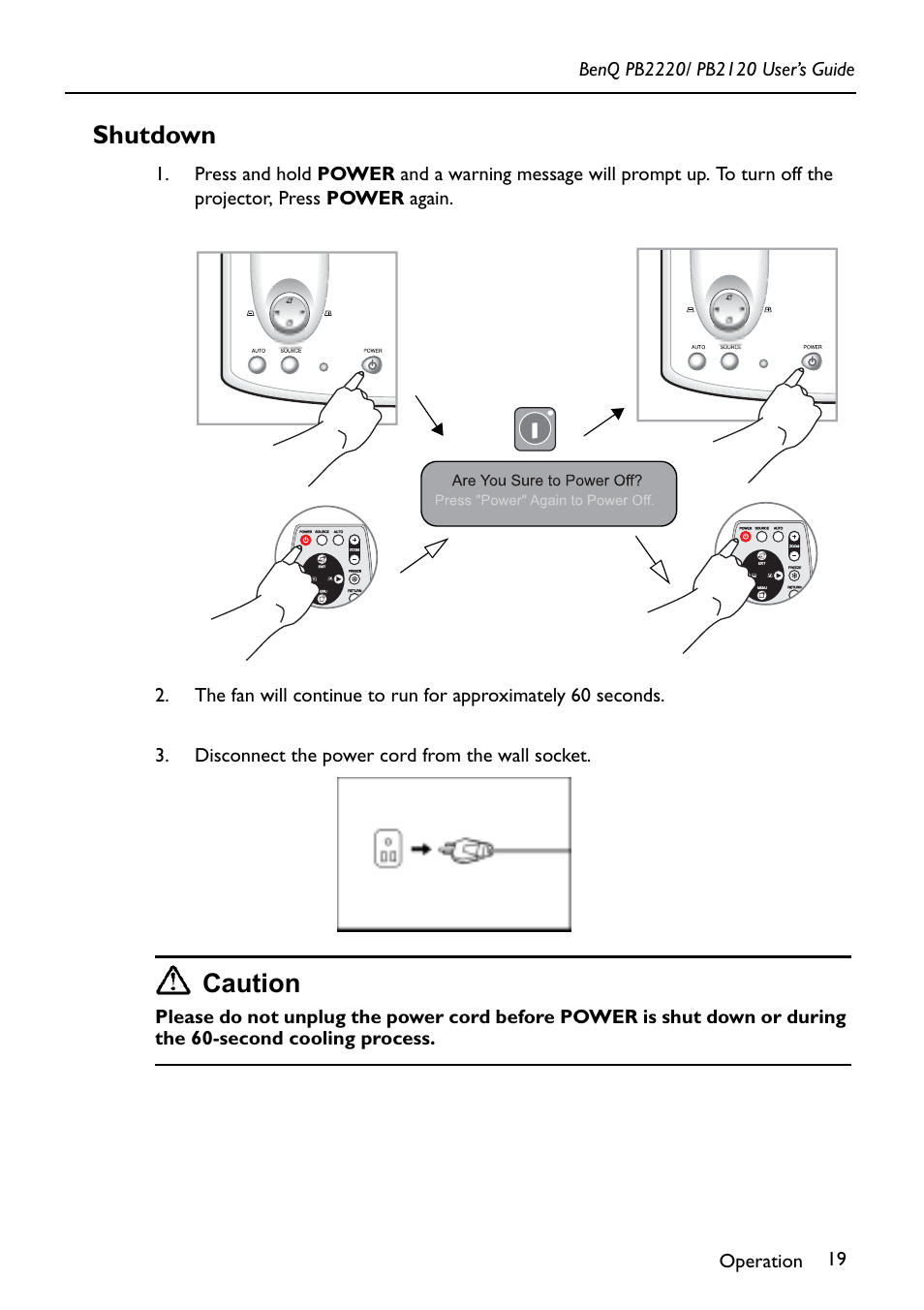Shutdown, Caution | BenQ PB2220/ PB2120 User Manual | Page 23 / 34