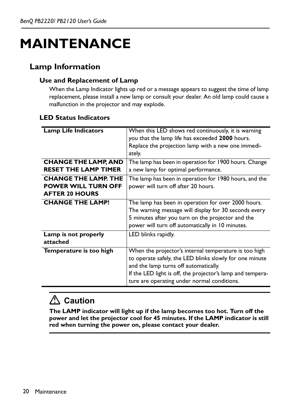 Maintenance, Lamp information, Use and replacement of lamp | Led status indicators, Use and replacement of lamp led status indicators, Caution | BenQ PB2220/ PB2120 User Manual | Page 24 / 34