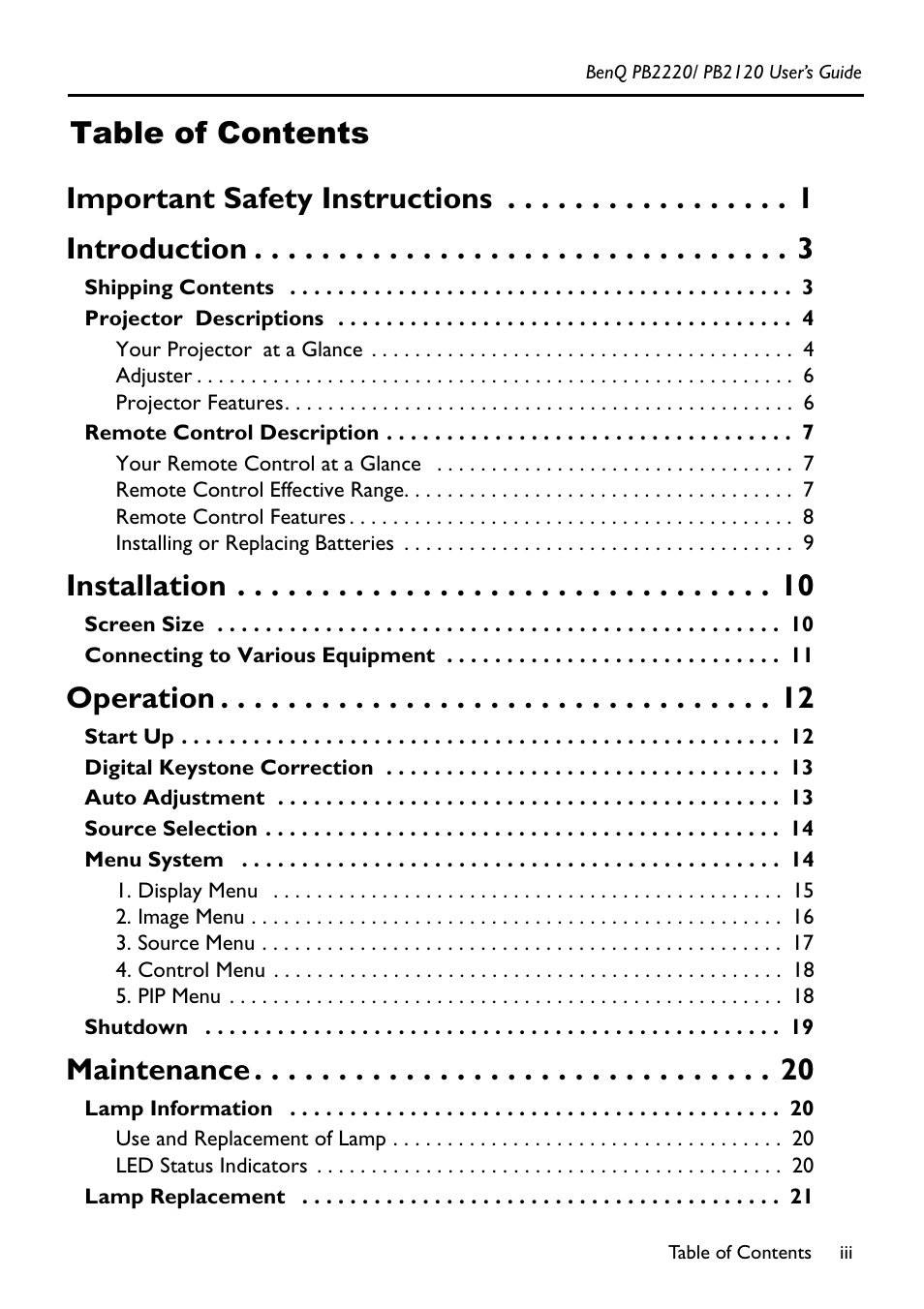 Installation, Operation, Maintenance | BenQ PB2220/ PB2120 User Manual | Page 3 / 34
