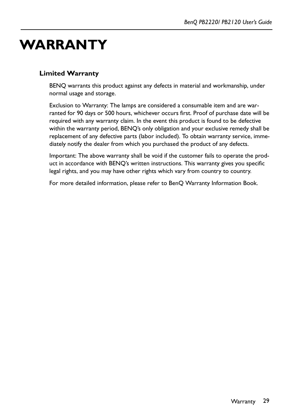 Warranty, Limited warranty | BenQ PB2220/ PB2120 User Manual | Page 33 / 34