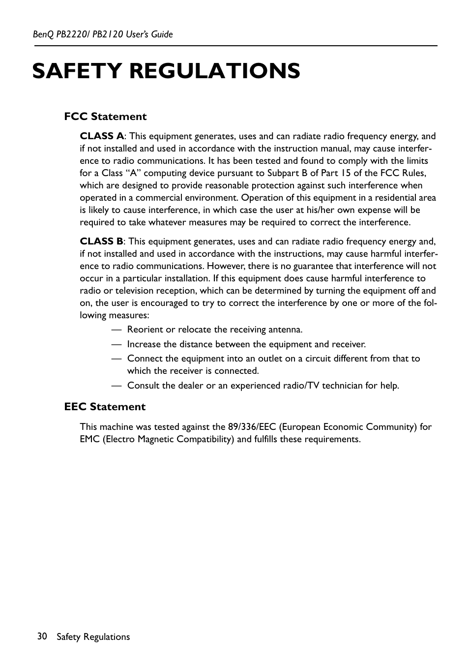Safety regulations, Fcc statement, Eec statement | Fcc statement eec statement | BenQ PB2220/ PB2120 User Manual | Page 34 / 34