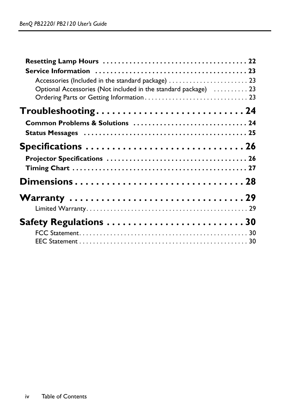 Troubleshooting, Specifications, Dimensions warranty | Safety regulations | BenQ PB2220/ PB2120 User Manual | Page 4 / 34