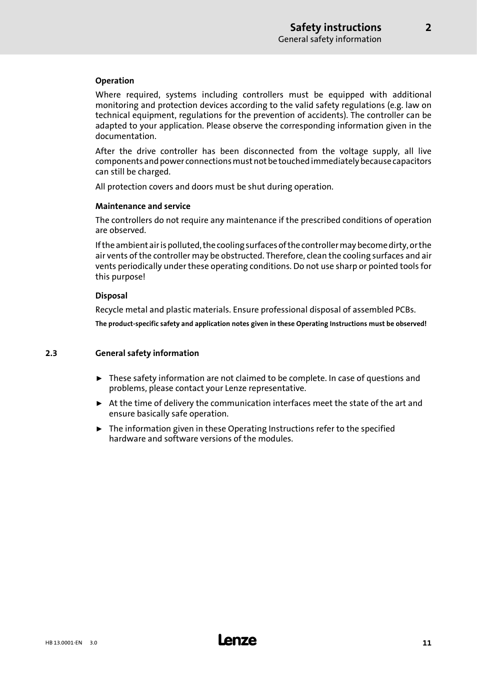 3 general safety information, Safety instructions | Lenze 931W User Manual | Page 11 / 78