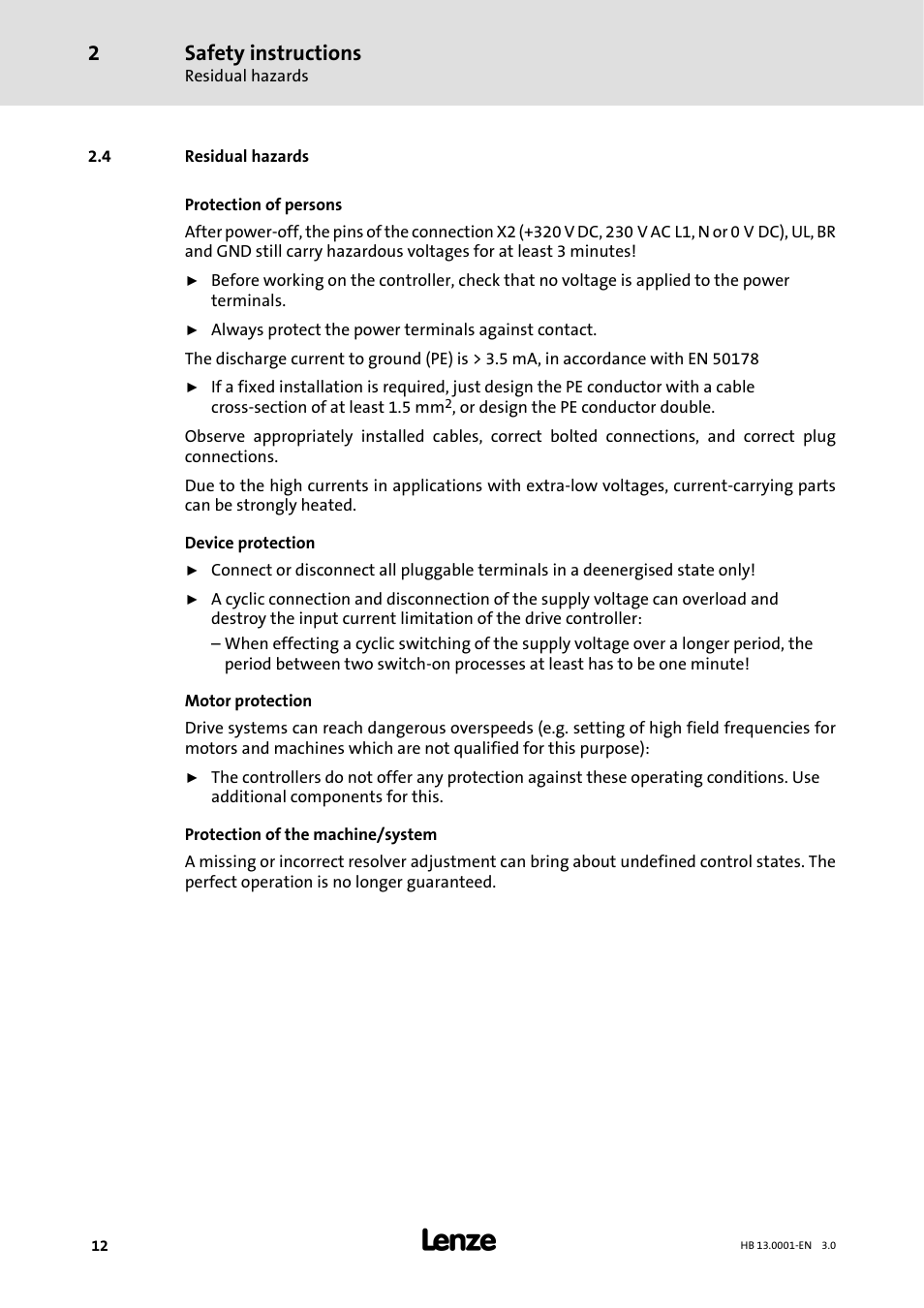 4 residual hazards, Safety instructions | Lenze 931W User Manual | Page 12 / 78