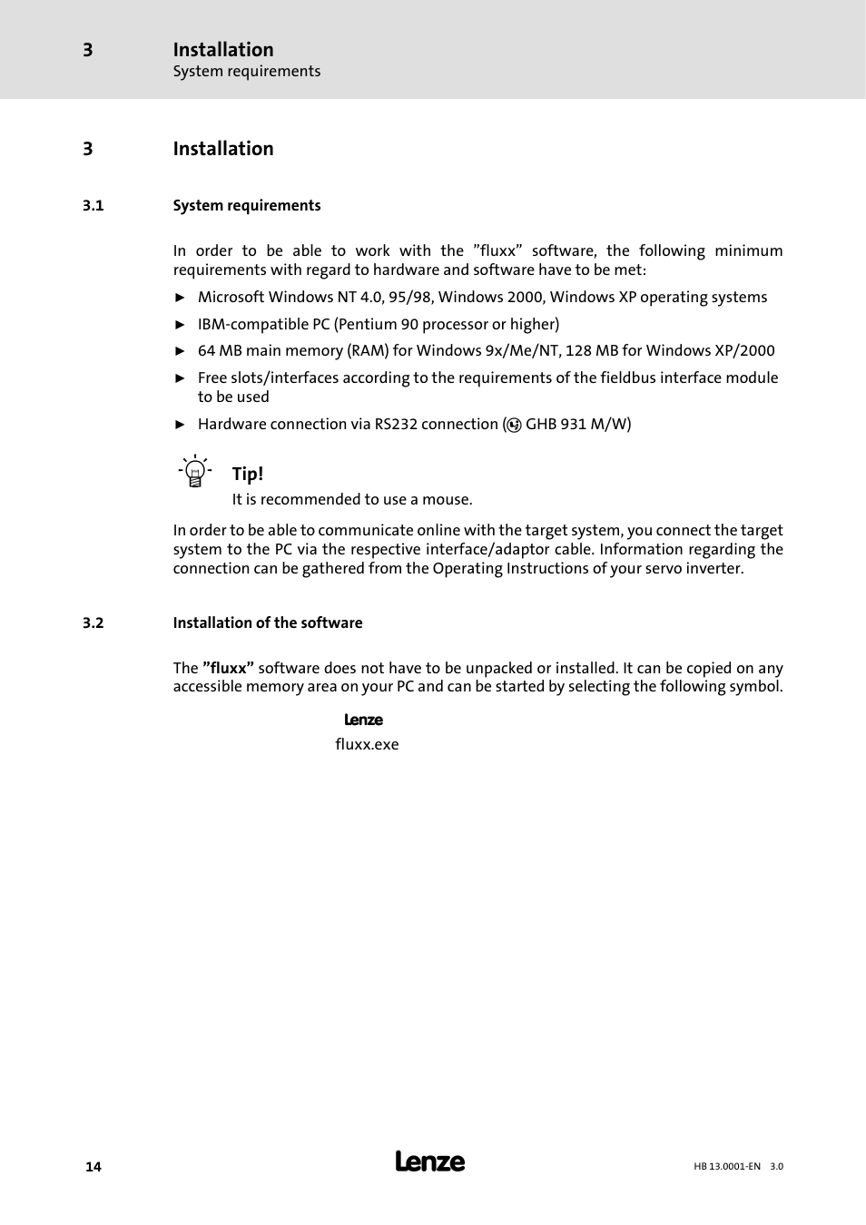 3 installation, 1 system requirements, 2 installation of the software | Installation, 3installation | Lenze 931W User Manual | Page 14 / 78
