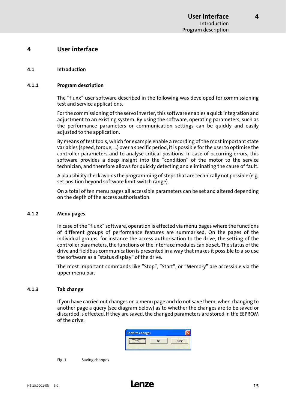 4 user interface, 1 introduction, 1 programdescription | 3 tab change, User interface, Program description, Tab change, 4user interface | Lenze 931W User Manual | Page 15 / 78