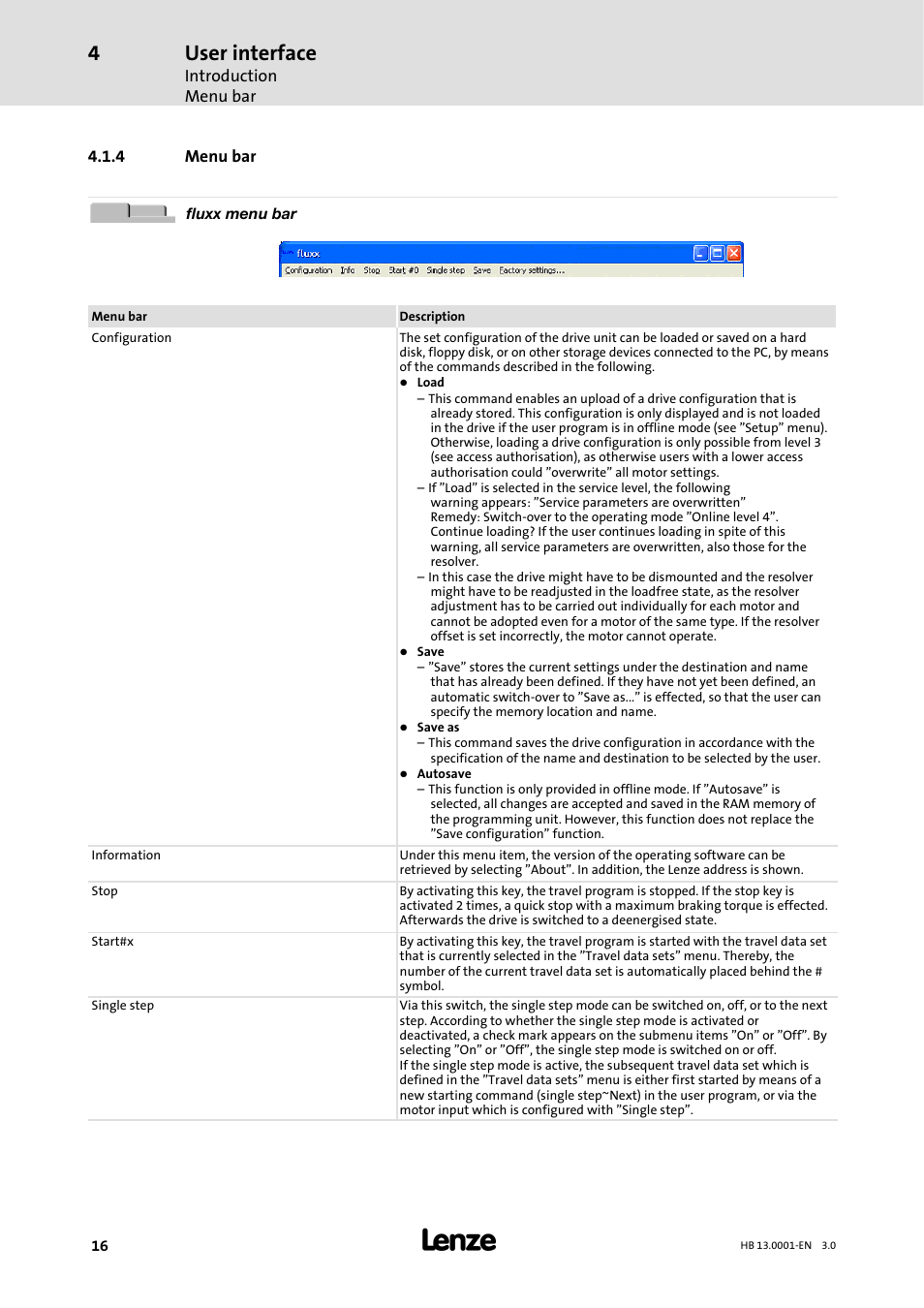 4 menu bar, Menu bar, User interface | Lenze 931W User Manual | Page 16 / 78