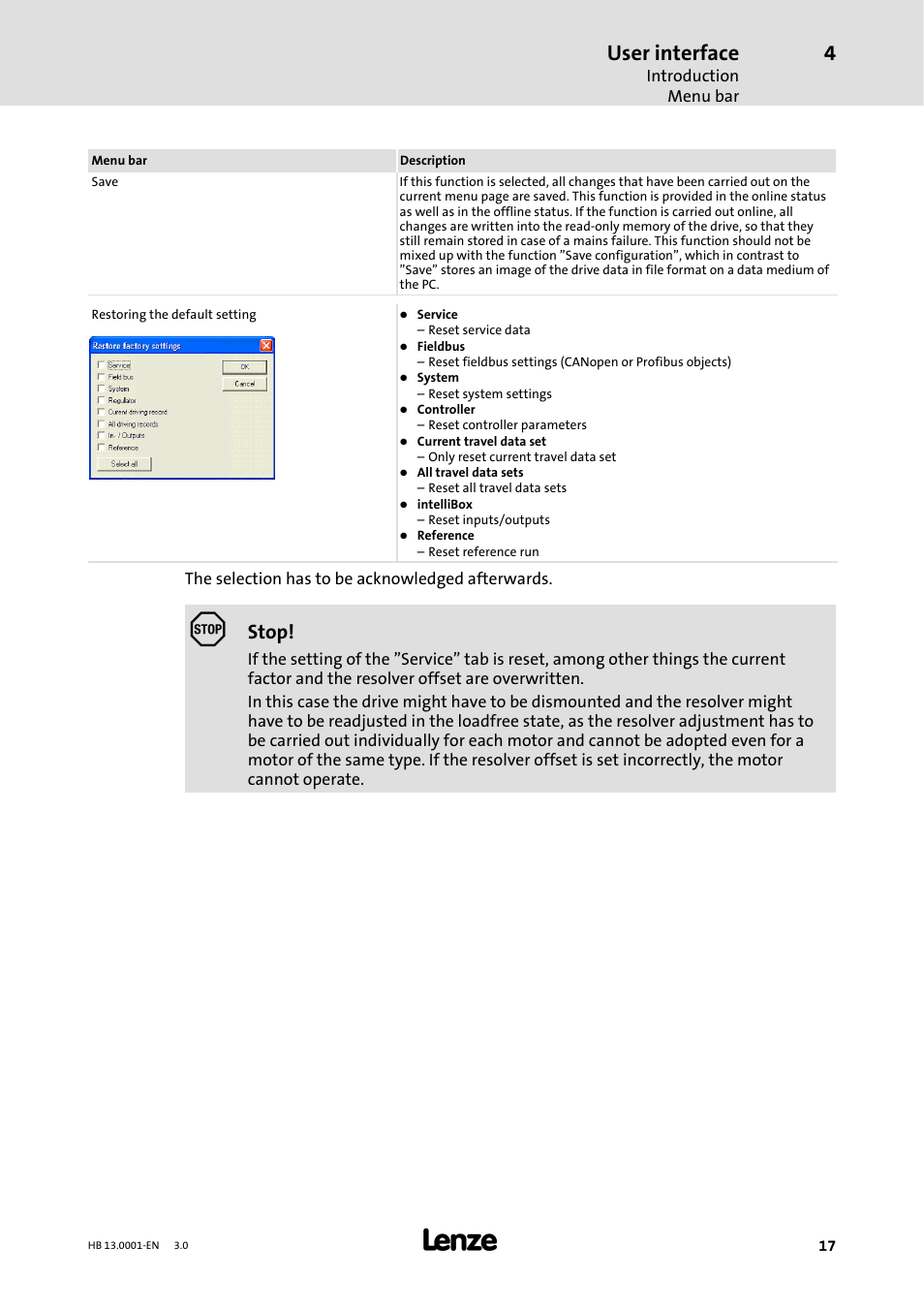 User interface, Stop | Lenze 931W User Manual | Page 17 / 78
