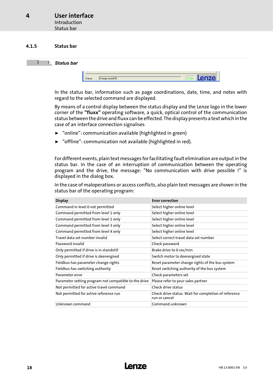 5 status bar, Status bar, User interface | Lenze 931W User Manual | Page 18 / 78