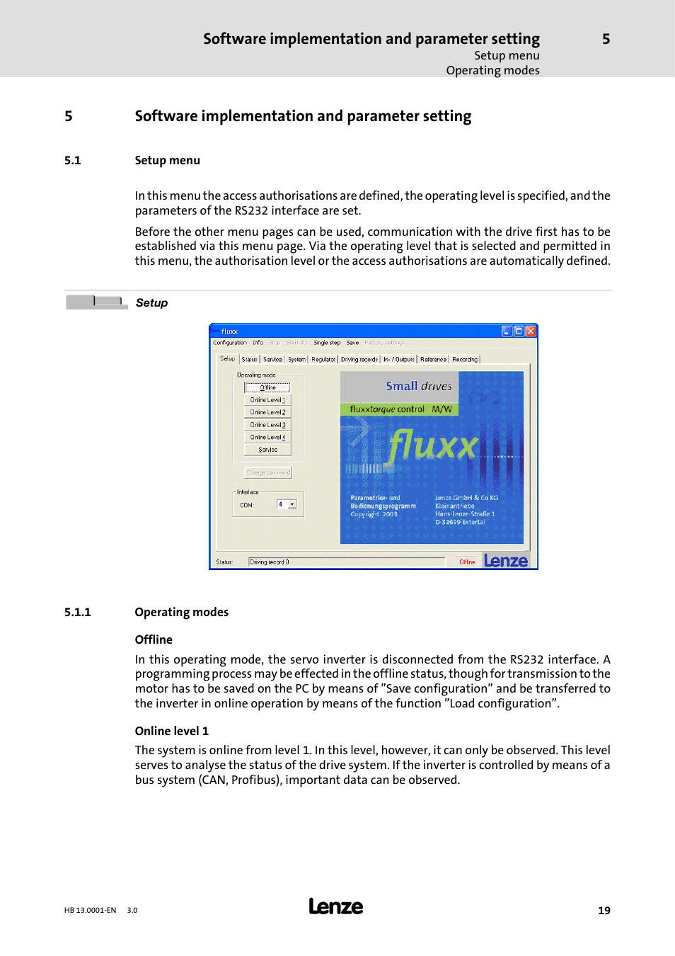 5 software implementation and parameter setting, 1 setup menu, 1 operating modes | Software implementation and parameter setting, Operating modes, 5software implementation and parameter setting | Lenze 931W User Manual | Page 19 / 78