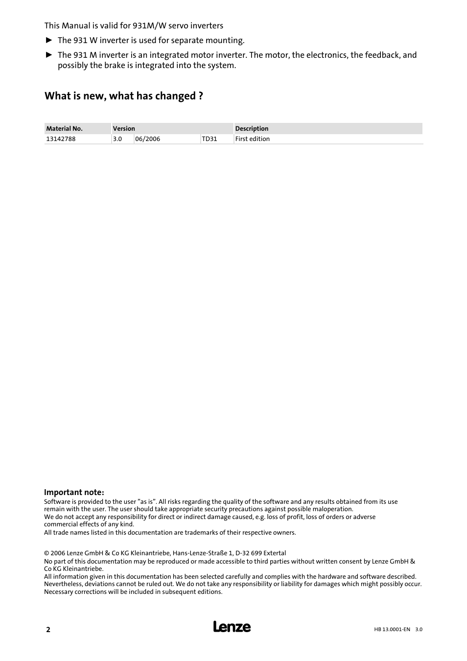 This manual is valid for, What is new, what has changed | Lenze 931W User Manual | Page 2 / 78