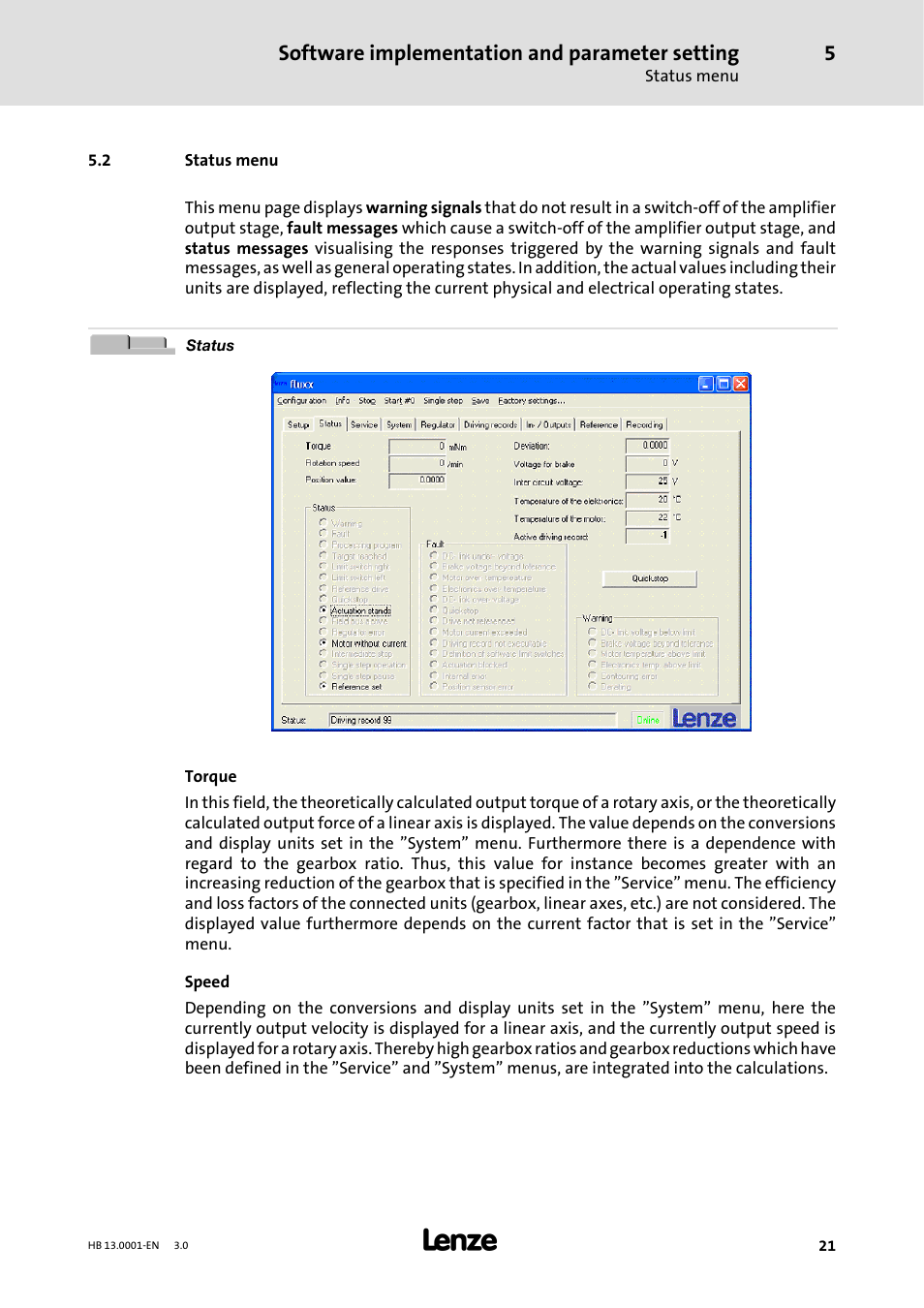 2 status menu, Software implementation and parameter setting | Lenze 931W User Manual | Page 21 / 78