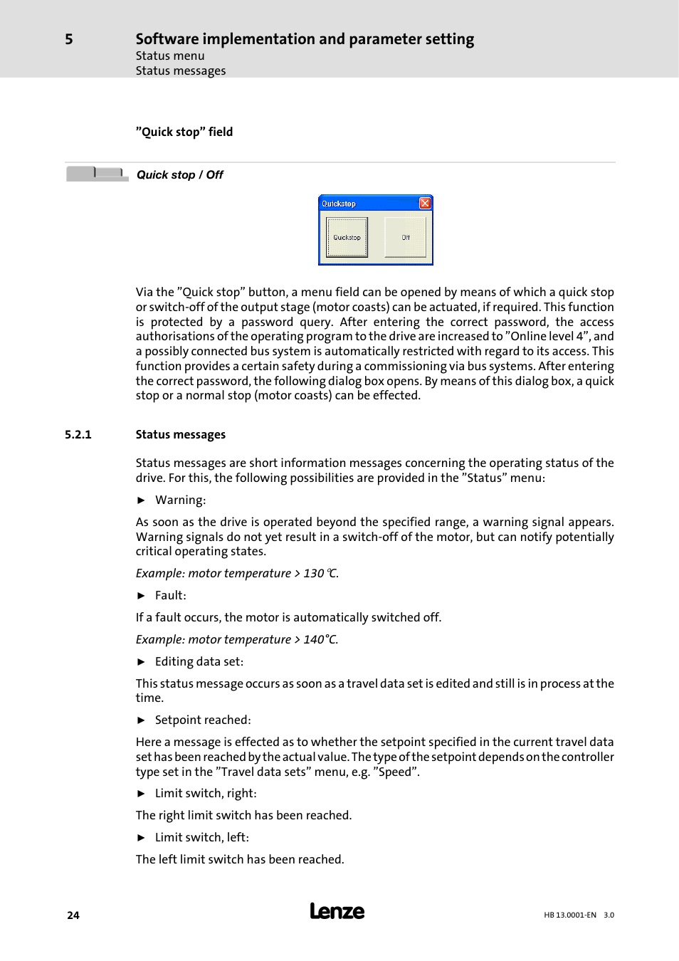 1 status messages, Status messages, Software implementation and parameter setting | Lenze 931W User Manual | Page 24 / 78