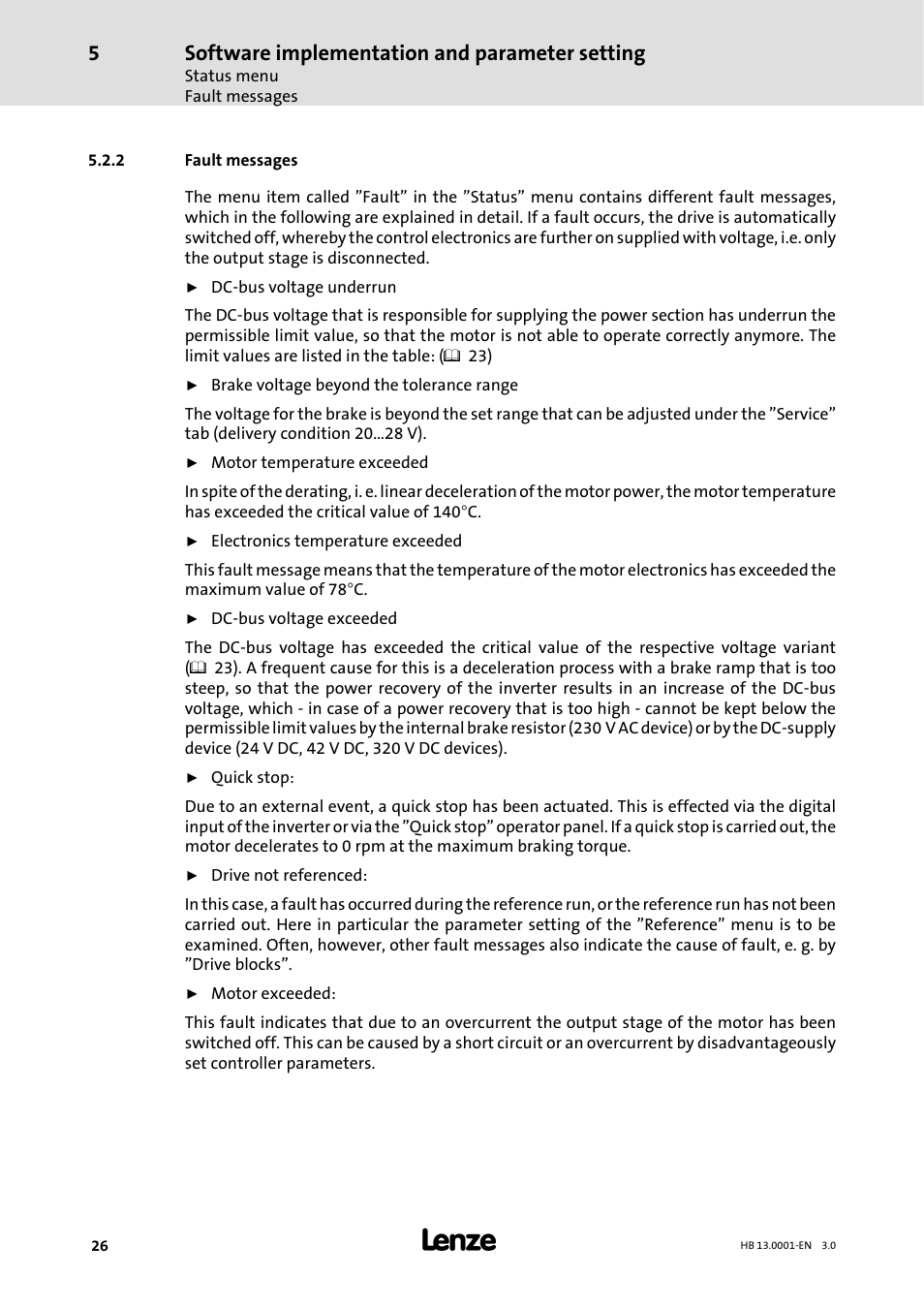 2 fault messages, Fault messages, Software implementation and parameter setting | Lenze 931W User Manual | Page 26 / 78