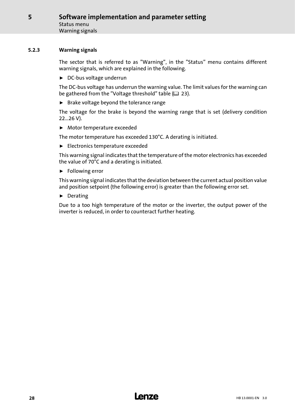 3 warning signals, Warning signals, Software implementation and parameter setting | Lenze 931W User Manual | Page 28 / 78