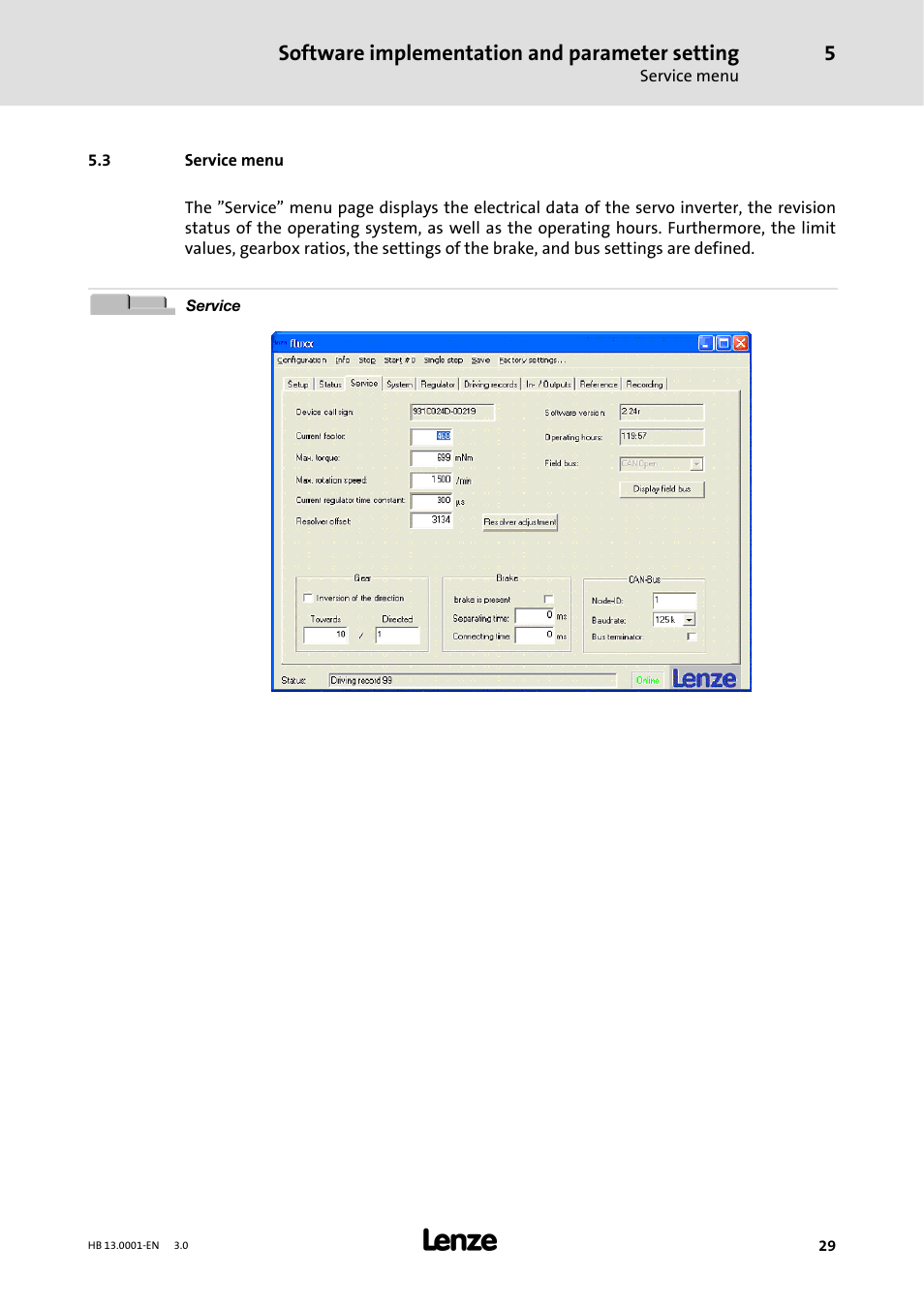 3 service menu, Software implementation and parameter setting | Lenze 931W User Manual | Page 29 / 78